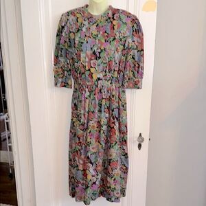 Vintage 80s Floral Multicolor Pleated‎ Bodice Dress With Full Skirt
